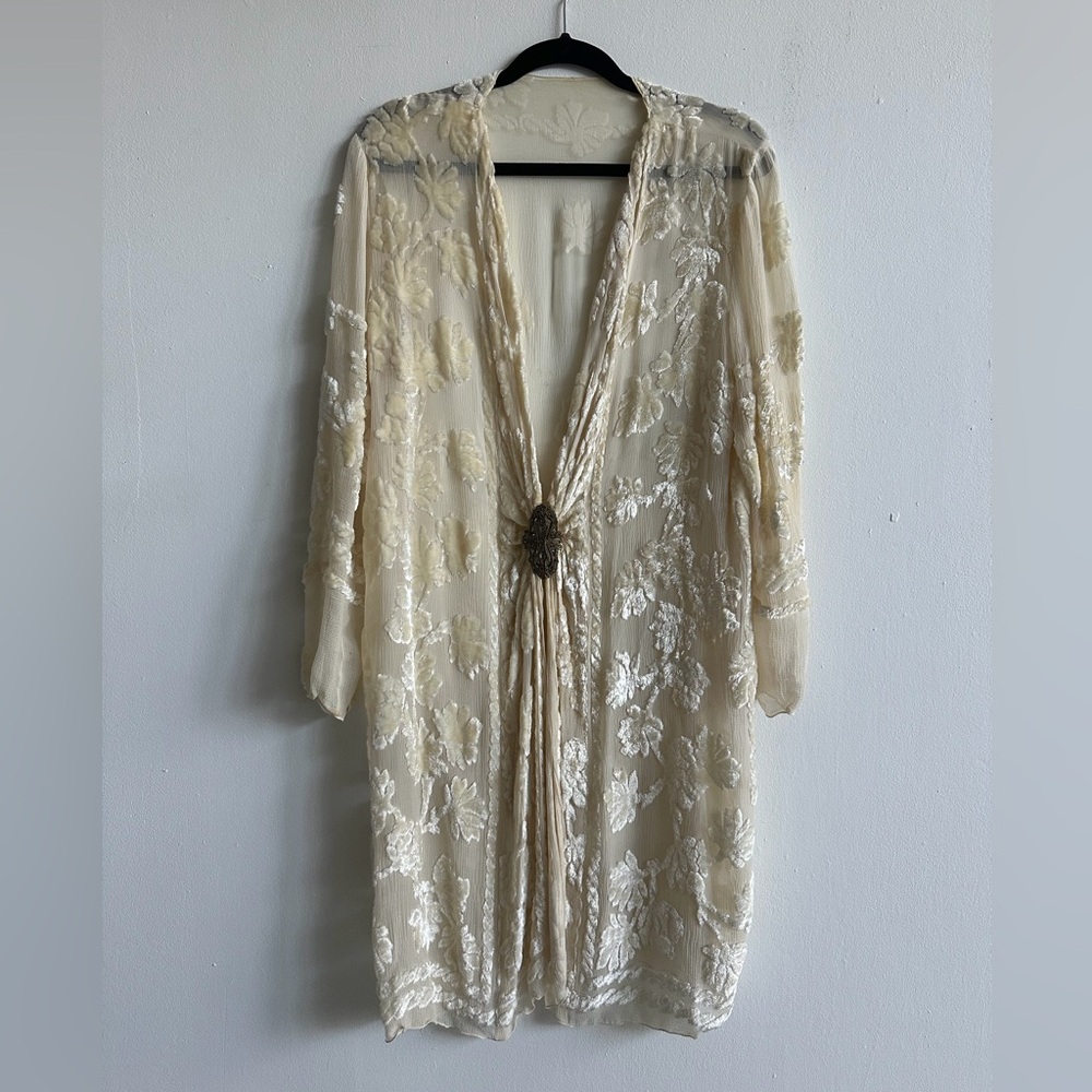 Vintage Elegant Cream Sheer Floral Velvet Robe with Metal Clasp